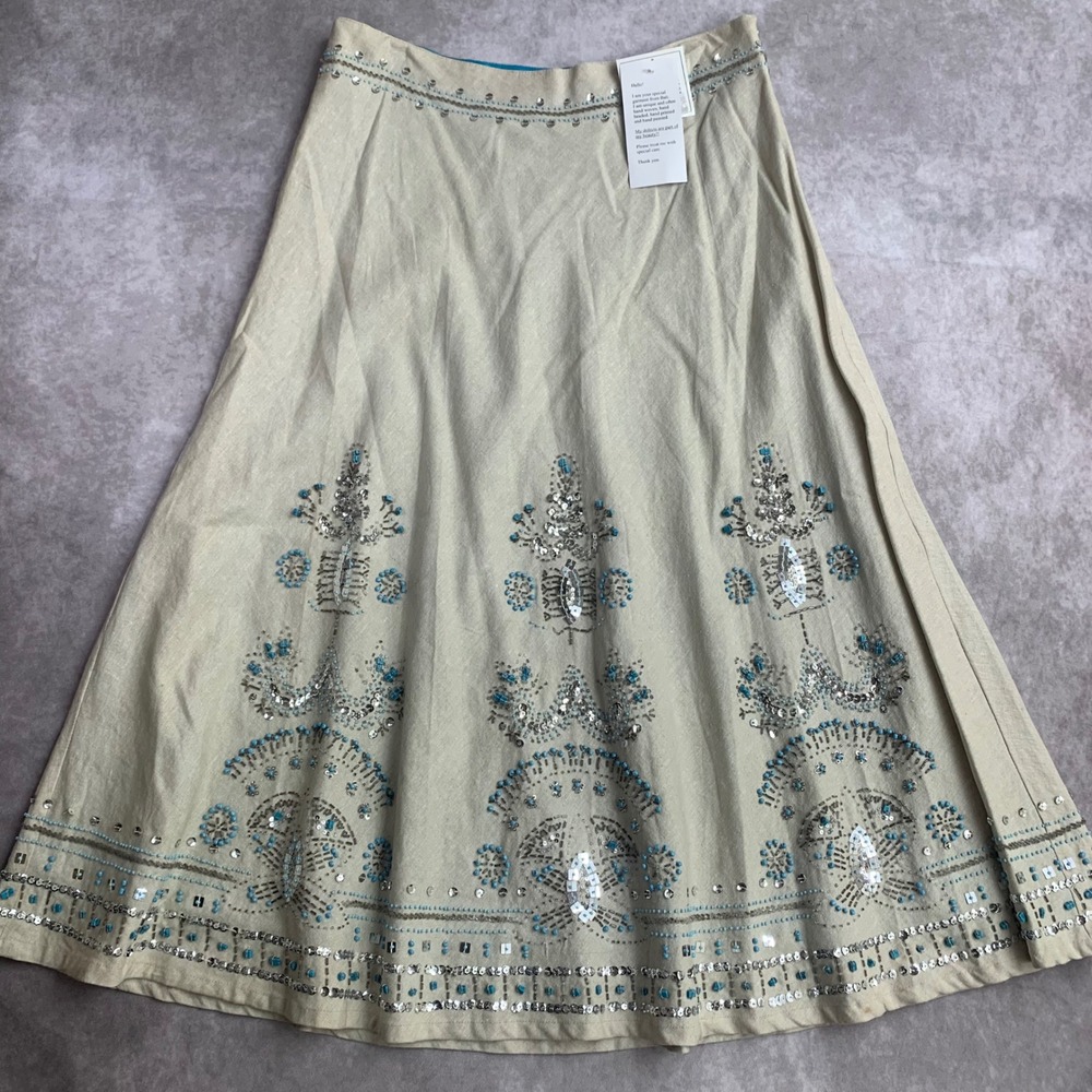 Basil & Maude Beaded Sequin Midi Skirt Beige Blue Cotton Blend Size 10 NWT